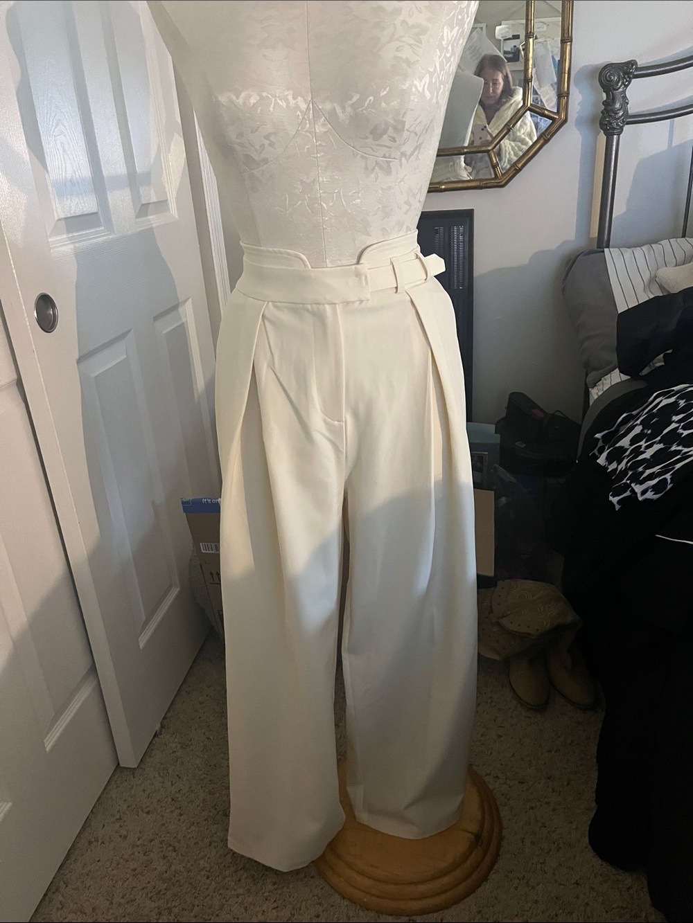 High-Rise Wide-Leg Cream Trousers with Belted Waist